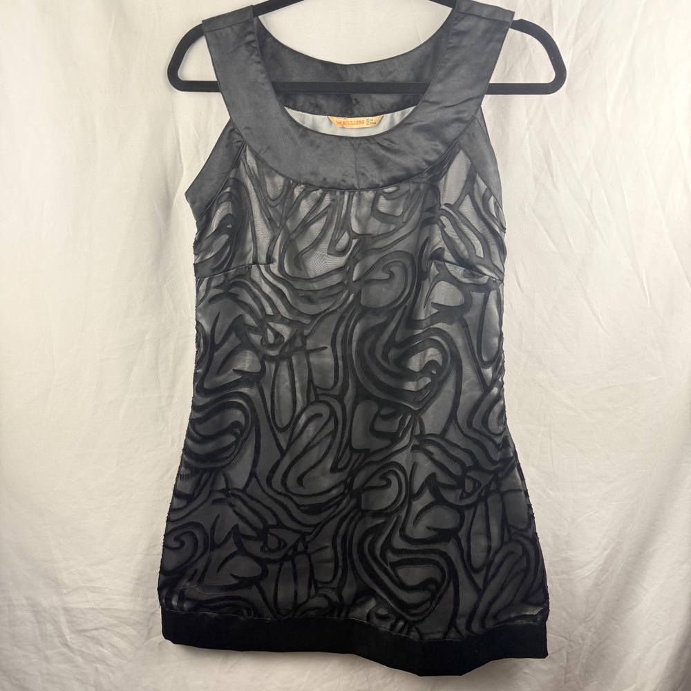 Scullers Vintage Black Abstract Print Mesh Mini Dress‎ Medium Goth Y2K Mod Retro
